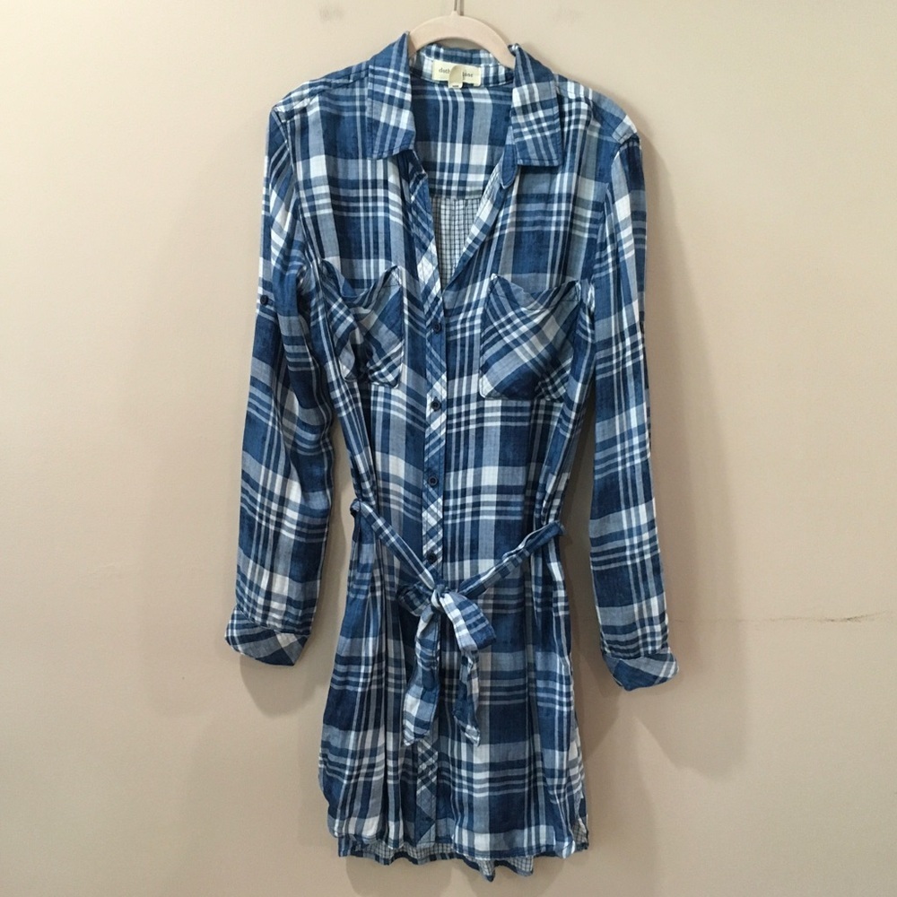 Cloth & Stone Anthropologie S Plaid Shirt Dress Blue White Belted Roll Sleeve